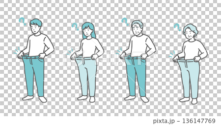 急激に痩せてズボンがブカブカになった老若男女のイラストセット（体重減少・糖尿病・全世代） 136147769