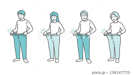ダイエットに成功してズボンがブカブカになった老若男女のイラストセット（健康・減量・全世代） 136147770