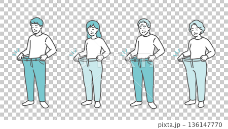 ダイエットに成功してズボンがブカブカになった老若男女のイラストセット（健康・減量・全世代） 136147770