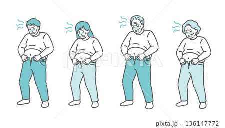 太ってズボンが入らない老若男女のイラストセット（肥満・メタボ・全世代） 136147772