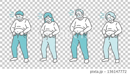 太ってズボンが入らない老若男女のイラストセット（肥満・メタボ・全世代） 136147772