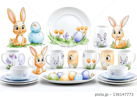 Colorful Easter Tableware with Bunny and Egg Designs for Spring Celebrations and Gatherings 136147773