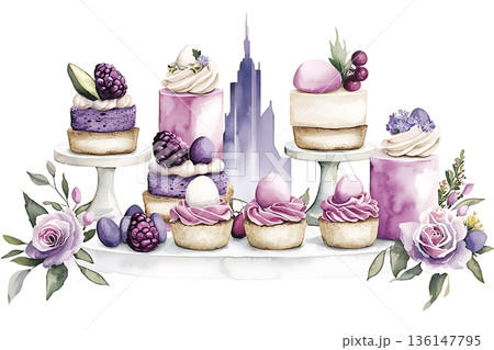 Colorful Desserts Display with Flowers and Building in Background for Celebratory Occasions 136147795