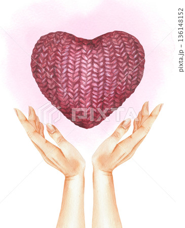 Red heart rises above the hands on delicate pink stain. Knitted symbol of love, charity and kindness above feminine palms. Hand drawn by colored pencils and watercolor. Isolated illustration 136148152