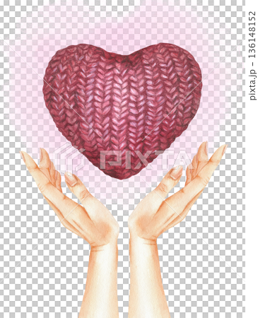 Red heart rises above the hands on delicate pink stain. Knitted symbol of love, charity and kindness above feminine palms. Hand drawn by colored pencils and watercolor. Isolated illustration 136148152