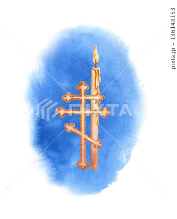 Religious cross and lit candle on blue watercolor stain. Burning single candle with melted wax on abstract background. Symbol of Christian faith, hope, spirituality. Bright Isolated illustration Religious cross and lit candle on blue watercolor stain. Burning single candle with melted wax on abstract background. Symbol of Christian faith, hope, spirituality. Bright Isolated illustration 136148153