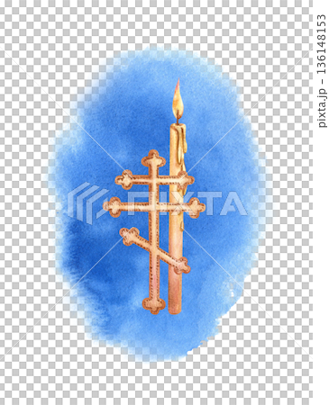 Religious cross and lit candle on blue watercolor stain. Burning single candle with melted wax on abstract background. Symbol of Christian faith, hope, spirituality. Bright Isolated illustration Religious cross and lit candle on blue watercolor stain. Burning single candle with melted wax on abstract background. Symbol of Christian faith, hope, spirituality. Bright Isolated illustration 136148153