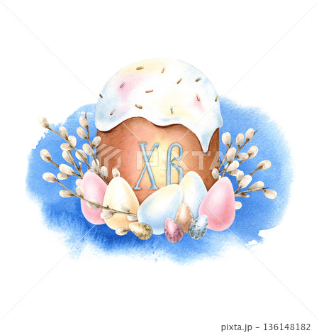 Traditional Easter composition icing cake, kulich, colorful eggs, willow twigs. Symbol of Christian Easter. Russian Letters Christ is Risen in center. Hand drawn Illustration on blue watercolor stain 136148182