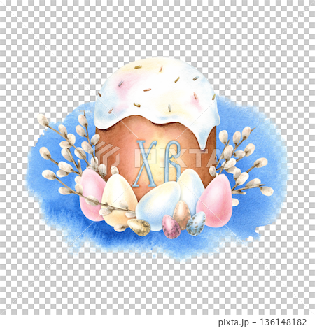 Traditional Easter composition icing cake, kulich, colorful eggs, willow twigs. Symbol of Christian Easter. Russian Letters Christ is Risen in center. Hand drawn Illustration on blue watercolor stain 136148182