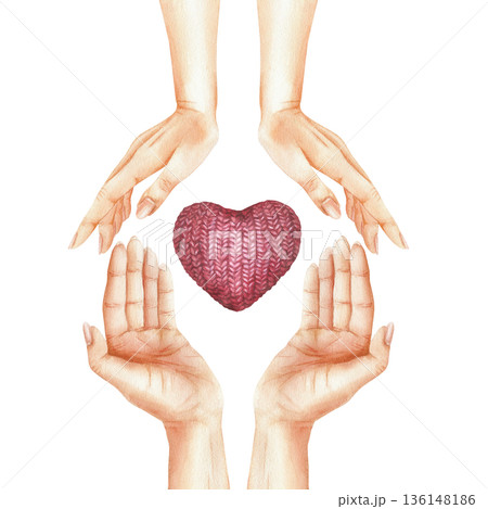 Knitted cozy heart between human palms. Symbol of love made of red yarn in women hands. Isolated illustration about charity and kindness. Watercolor hand-painted art on transparent background 136148186
