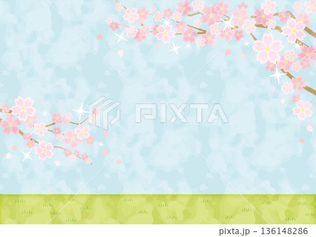 桜が咲く草原と青空の春風景イラスト｜水彩風・横長・コピースペースあり 136148286