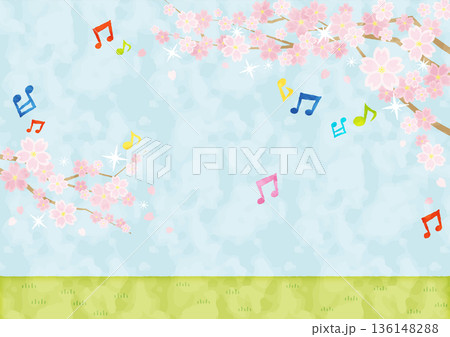 音符が舞う桜と青空の春風景イラスト|水彩風・横長・コピースペースあり 音符が舞う桜と青空の春風景イラスト|水彩風・横長・コピースペースあり 136148288