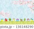 桜が咲く草原と家並みの春風景イラスト｜水彩風・横長・コピースペースあり 136148290