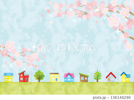 桜が咲く草原と家並みの春風景イラスト|水彩風・横長・コピースペースあり 桜が咲く草原と家並みの春風景イラスト|水彩風・横長・コピースペースあり 136148290