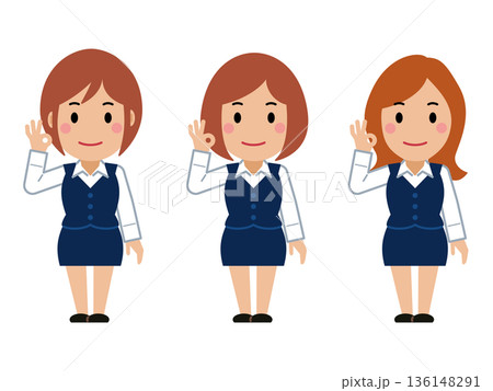 OKサインを出すネイビー事務服の若い女性 136148291