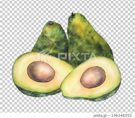 Watercolor avocado composition. Whole and cut green fruit half with seed. Hand drawn realistic illustration isolated from background for healthy food packaging, vegan menu, exotic vegetables label. Watercolor avocado composition. Whole and cut green fruit half with seed. Hand drawn realistic illustration isolated from background for healthy food packaging, vegan menu, exotic vegetables label. 136148353