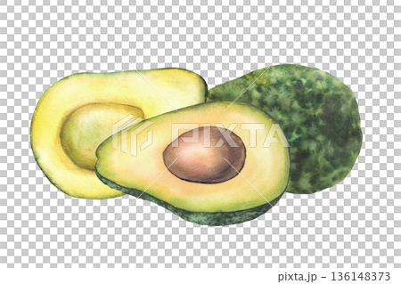Watercolor avocado. Whole and cut green fruit half with seed. Hand painted illustration isolated from background. Vegan Food vegetable for eco prints and packaging, healthy farm product branding label Watercolor avocado. Whole and cut green fruit half with seed. Hand painted illustration isolated from background. Vegan Food vegetable for eco prints and packaging, healthy farm product branding label 136148373
