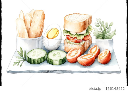 Colorful and Fresh Food Arrangement with Sandwich, Vegetables, and Egg on a Wooden Board 136148422