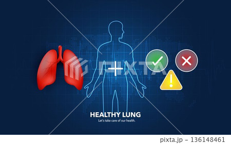Healthy Human Lungs with Body Silhouette and Medical Icons on Blue Digital Background for Respiratory Health, Diagnosis, Global Healthcare, and Wellness Prevention Vector Infographic. 136148461