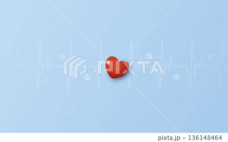 Red heart 3D icon on blue clinical background with white heartbeat ECG line, medical icons and grid. Perfect for cardiology health care, pulse monitoring, medical insurance and wellness concept. 136148464