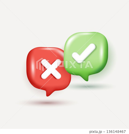 3D check mark and cross symbols in red and green speech bubbles. Vector illustration for right or wrong choice, yes or no decision, feedback, quiz, voting, and UI UX interface design elements. 136148467