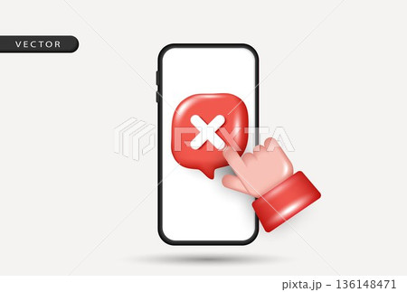 3D smartphone with red cross speech bubble icon and clicking hand. Vector illustration for mobile app error, reject, cancel, false information, fraud alert and user interface interaction concept. 136148471