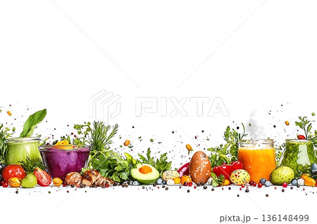 Fresh Ingredients and Colorful Juices on White Background for Healthy Cooking and Nutrition 136148499