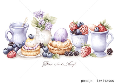 Delicious Spring Treats with Fresh Fruits and Colorful Pastries on White Background 136148500