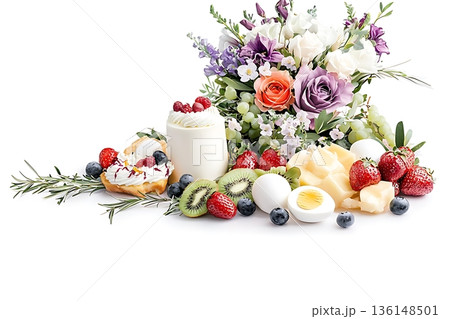 Fresh Fruits, Creamy Desserts, and Beautiful Flowers Arranged on a Bright Tabletop 136148501