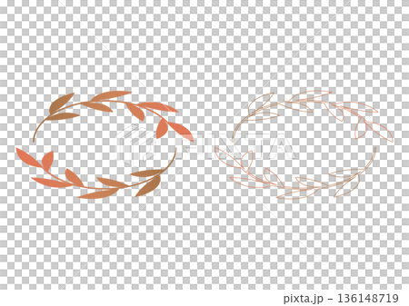 オーガニックイメージの植物エンブレム・洗練されたボタニカルリース・ナチュラルな葉の曲線フレーム・線画 136148719
