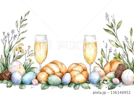 Elegant Easter Celebration with Croissants, Champagne, and Colorful Eggs on a White Background 136148952