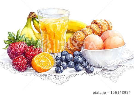 Fresh and Colorful Breakfast Spread Featuring Fruits, Juice and Pastries on Stylish Tablecloth 136148954