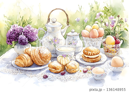 Delightful Morning Tea Set with Pastries, Flowers, and Colorful Eggs on a Table 136148955