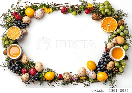 Colorful Spring Wreath with Fruits, Berries, Eggs, and Drinks for Seasonal Celebrations 136148985