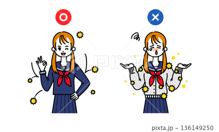 花粉症対策ができる服の選び方を説明する女子生徒のイラスト 136149250