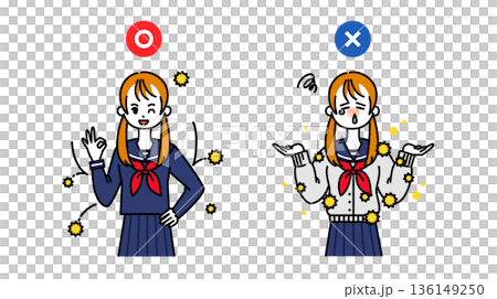 花粉症対策ができる服の選び方を説明する女子生徒のイラスト 136149250