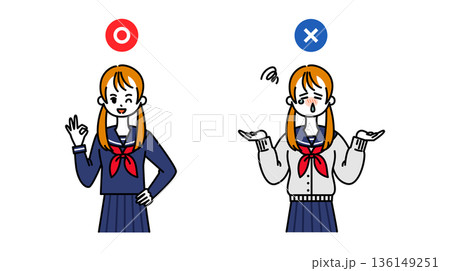 花粉症対策をしている女子生徒と、していない女子生徒の対比イラスト 花粉症対策をしている女子生徒と、していない女子生徒の対比イラスト 136149251