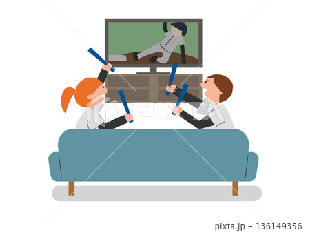テレビで野球観戦する男女のイラスト 136149356