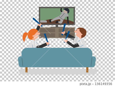 テレビで野球観戦する男女のイラスト 136149356