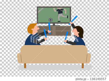 テレビでサッカーを見る男女のイラスト テレビでサッカーを見る男女のイラスト 136149357