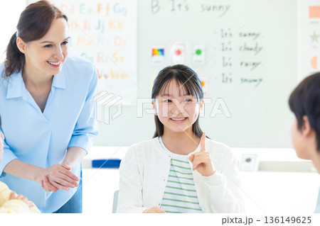 教育　英会話教室でレッスンを受ける子供とネイティブ講師 136149625