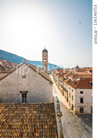 Aerial view of Stradun main street, Dubrovnik old city. Sunny day morning. Aerial view of Stradun main street, Dubrovnik old city. Sunny day morning. 136149753