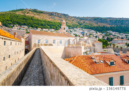 Ancient stone wall of Dubrovnik Old Town, stunning fortification system. The world famous and most visited historic city of Croatia, UNESCO World Heritage site 136149778