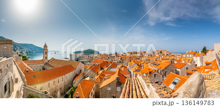 Aerial panoramic view of old city Dubrovnik. Ancient city with big city walls near adriatic sea. View of roofs, sunny summer day. 136149783