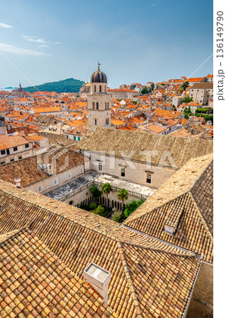 Aerial panoramic view of old city Dubrovnik. Ancient city with big city walls near adriatic sea. View of roofs, sunny summer day. 136149790
