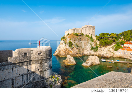 Ancient fort Lovrijenac near old city Dubrovnik. View from city wall. Sunny day, summer weather. Croatia coat near adriatic sea. 136149794