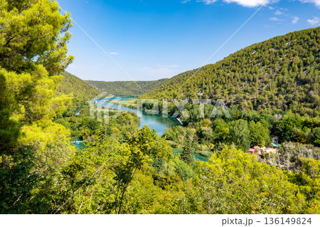 Panoramic view of Krka lakes, Croatia. Nature national park. Summer day, fresh green nature. Panoramic view of Krka lakes, Croatia. Nature national park. Summer day, fresh green nature. 136149824
