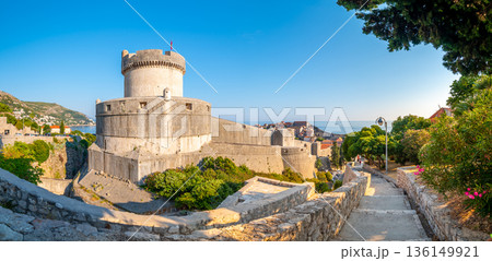 Dubrovnik city walls and Minceta tower, panoramic view of city. Green tress, palms and oleander flower. Beautiful ancient city and fortress, adriatic sea. Sunny summer day. Dubrovnik city walls and Minceta tower, panoramic view of city. Green tress, palms and oleander flower. Beautiful ancient city and fortress, adriatic sea. Sunny summer day. 136149921