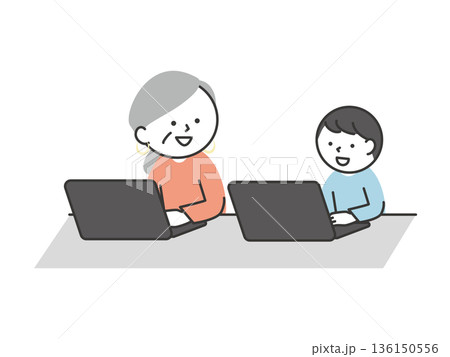 パソコン操作を学ぶシニアの女性と子供 パソコン講座で勉強する多世代の日本人イラスト パソコン操作を学ぶシニアの女性と子供 パソコン講座で勉強する多世代の日本人イラスト 136150556