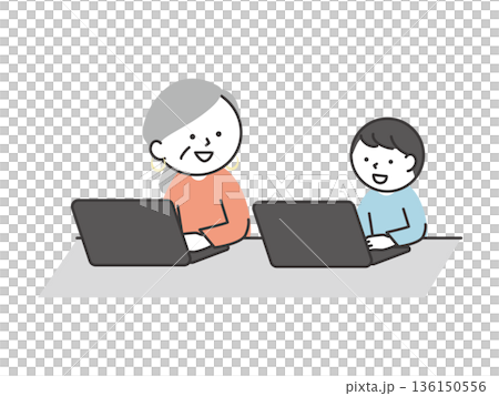 パソコン操作を学ぶシニアの女性と子供 パソコン講座で勉強する多世代の日本人イラスト パソコン操作を学ぶシニアの女性と子供 パソコン講座で勉強する多世代の日本人イラスト 136150556